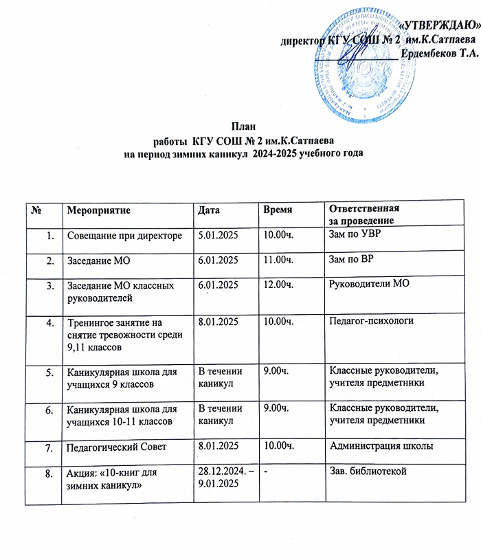 План Зимних каникул  2024-2025